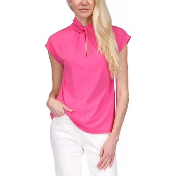 Michael Kors Pink Twist Blouse‎ Mock Neck Cap Sleeve Top Size L NWT $88 - Picture 1 of 11